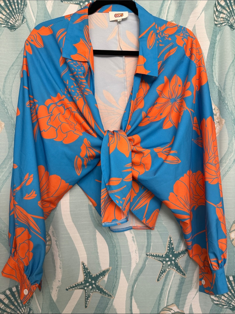 Coastal Bloom Tie-Front Blouse in Blue & Orange